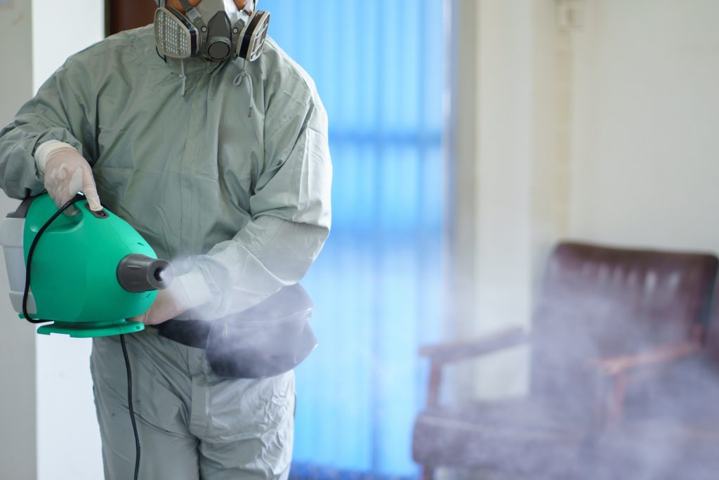 Person dressed in sanitizing equipment